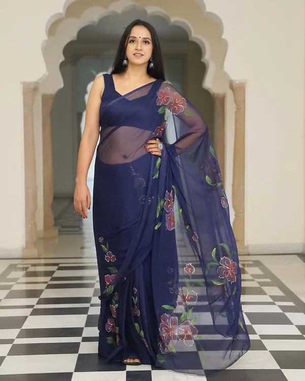Navy_Blue_Floral_H_Painted_Chiffon_Saree_For_Women